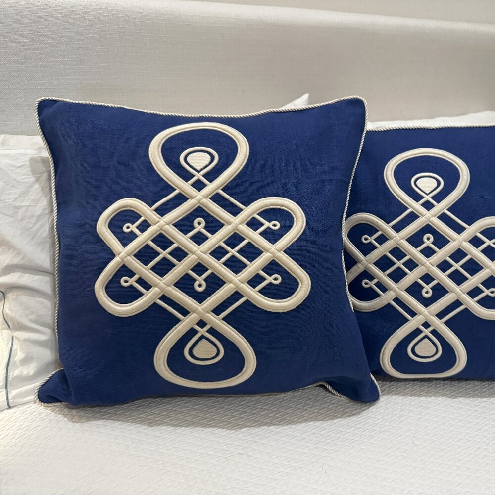 Pair of Vintage Jonathan Adler Royal Blue White Embroidered Pillows